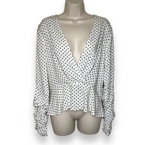 NWT Astr White Black Polka Dot Surplice Neck Gather Puff Long Sleeve Women Large